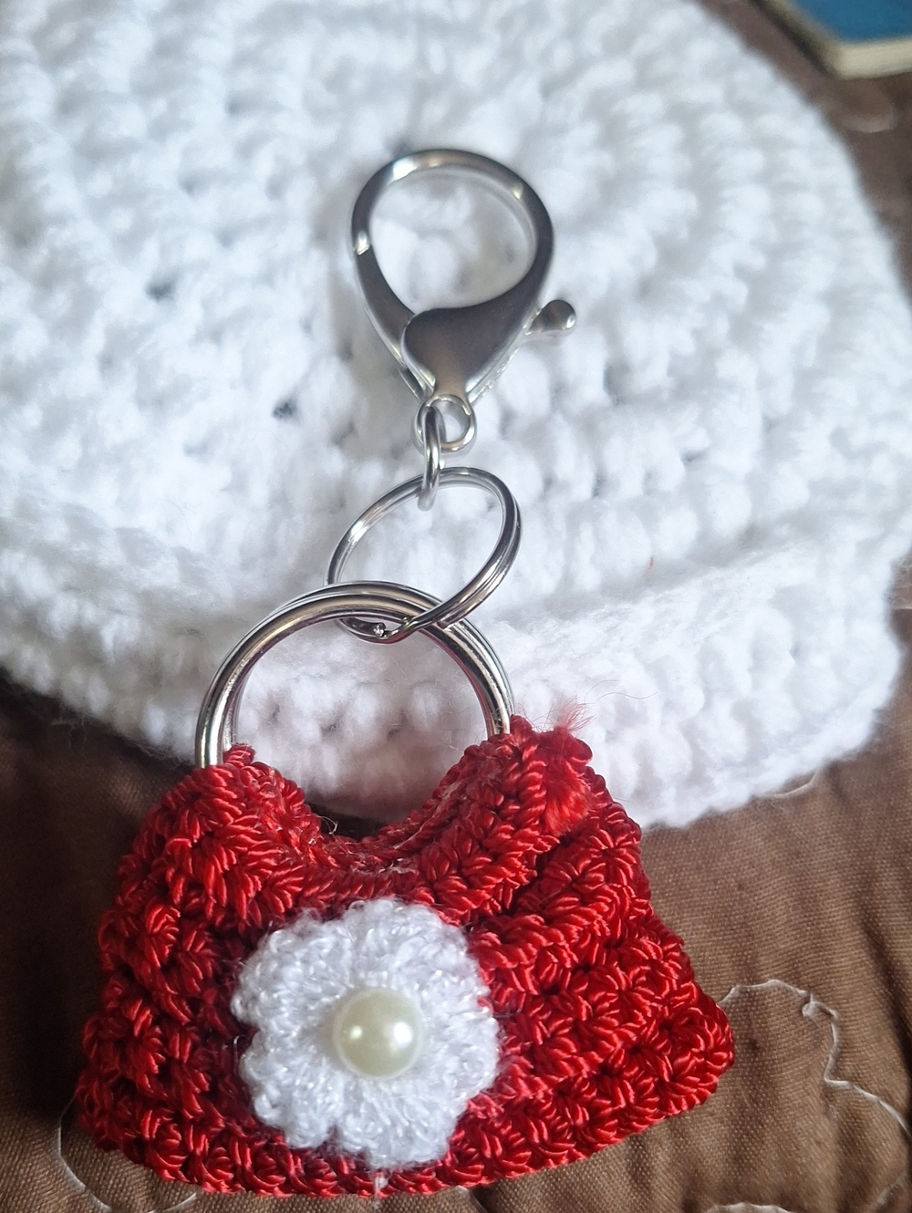 Red Crochet Purse Keychain with White Flower Accent